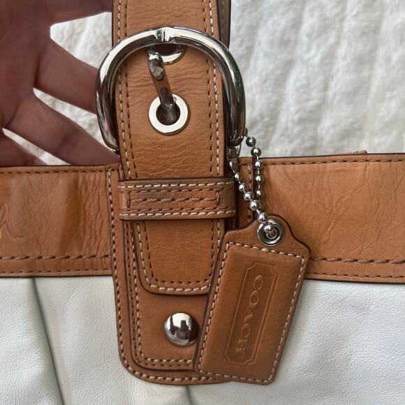 Coach F13782 White & Tan Leather Shoulder Bag Silver Buckles Classic Tote - Picture 5 of 14